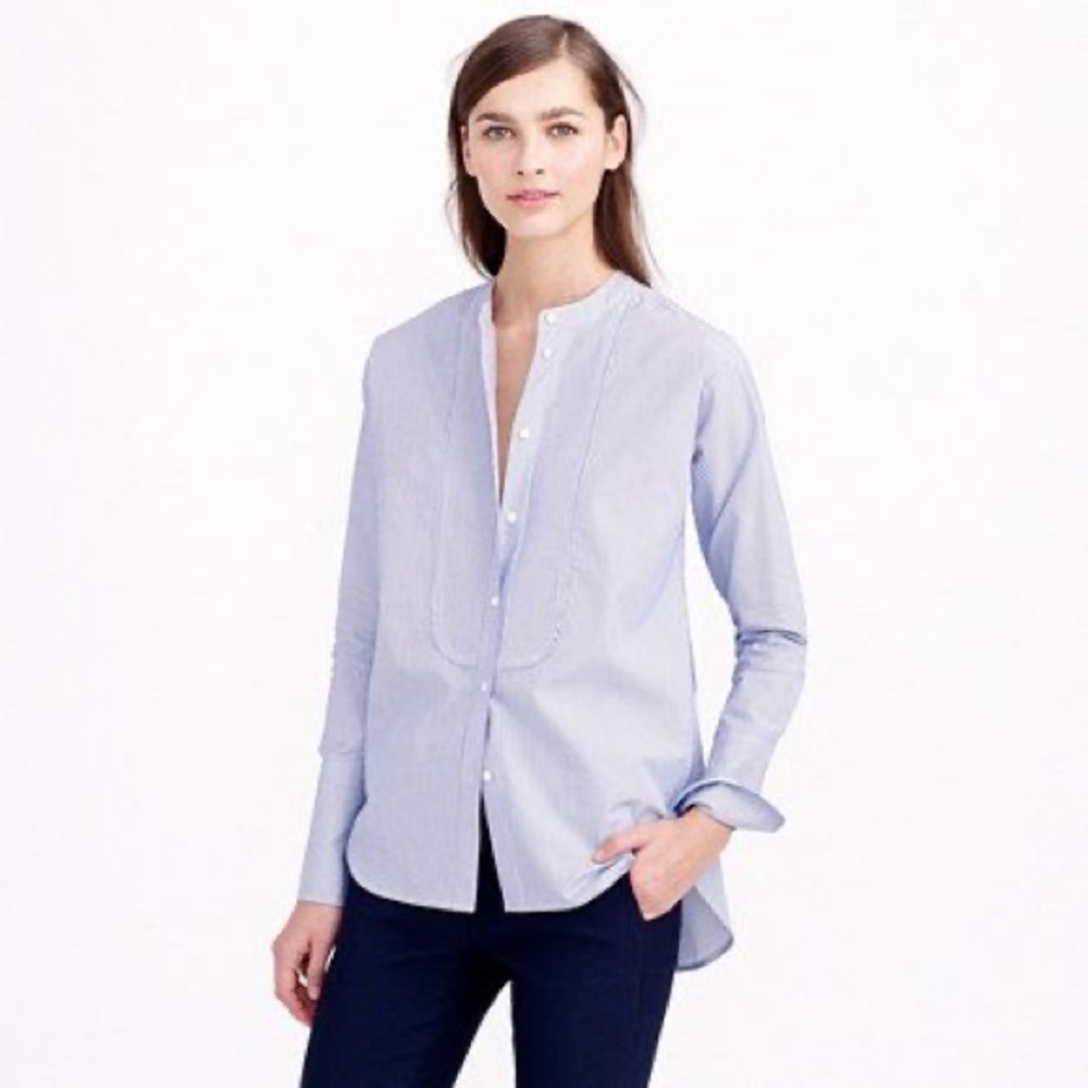 J.Crew Thomas Mason Striped Collarless Shirt Sz 8